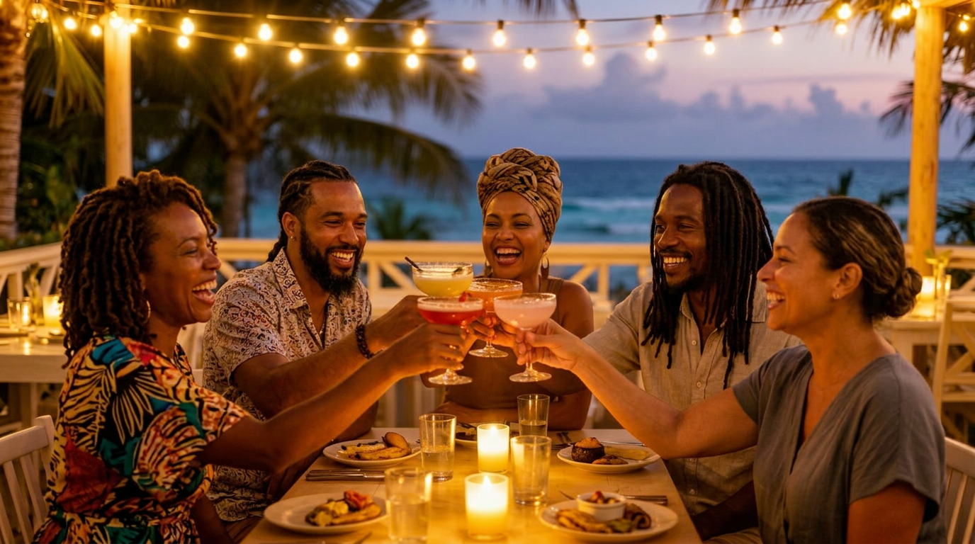 Vrienden lachen en proosten met cocktails op het terras bij Caribbean Taste of Paradise